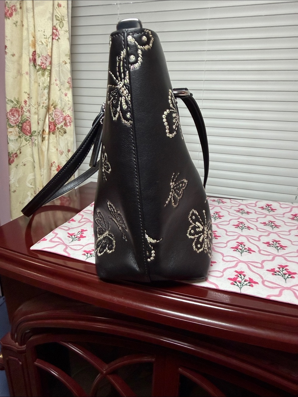 Coach Black Leather Butterfly-Embroidered Tote - Picture 2 of 8